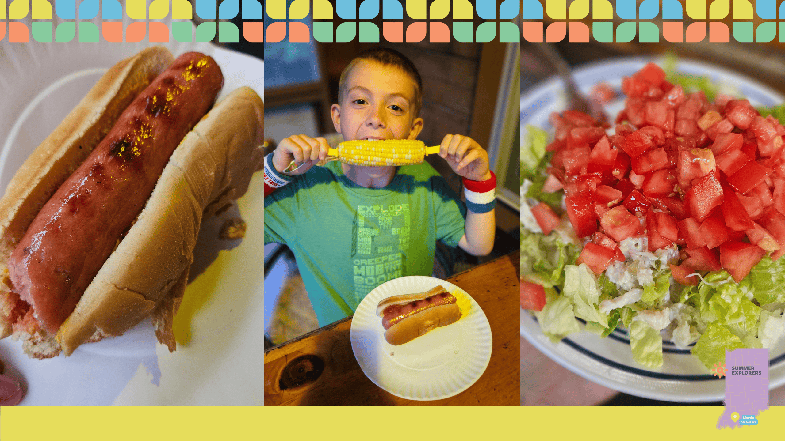 A close-up of a hot dog with ketchup, one of my kids holding corn on the cob, and a fresh salad with tomatoes on top. A close-up of a hot dog with ketchup, one of my kids holding corn on the cob, and a fresh salad with tomatoes on top.