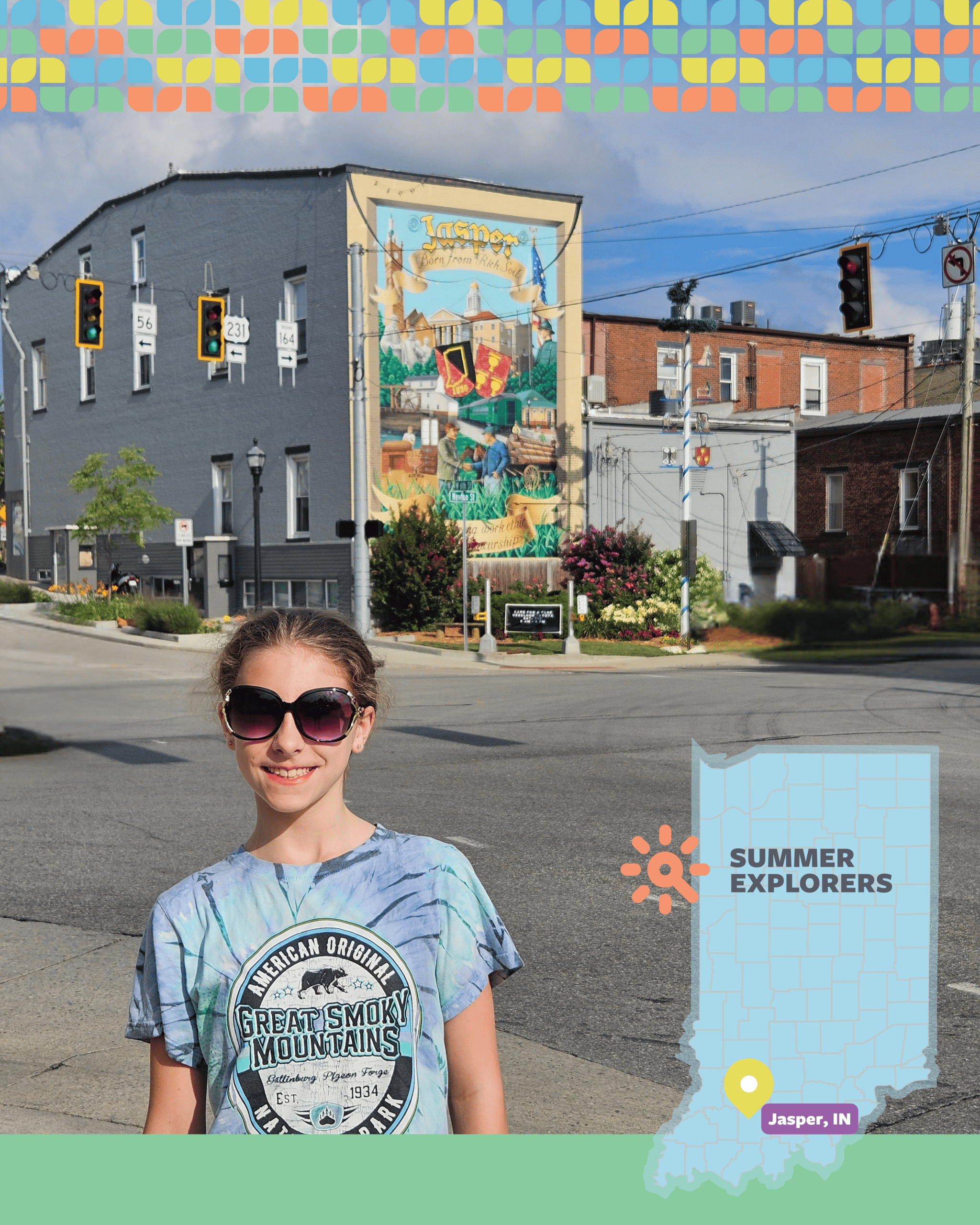 Anna Weinstein, wearing sunglasses and a Great Smoky Mountains t-shirt, stands smiling in front of a colorful mural in downtown Jasper, Indiana, during the Summer Explorers travel series. Anna Weinstein, wearing sunglasses and a Great Smoky Mountains t-shirt, stands smiling in front of a colorful mural in downtown Jasper, Indiana, during the Summer Explorers travel series.