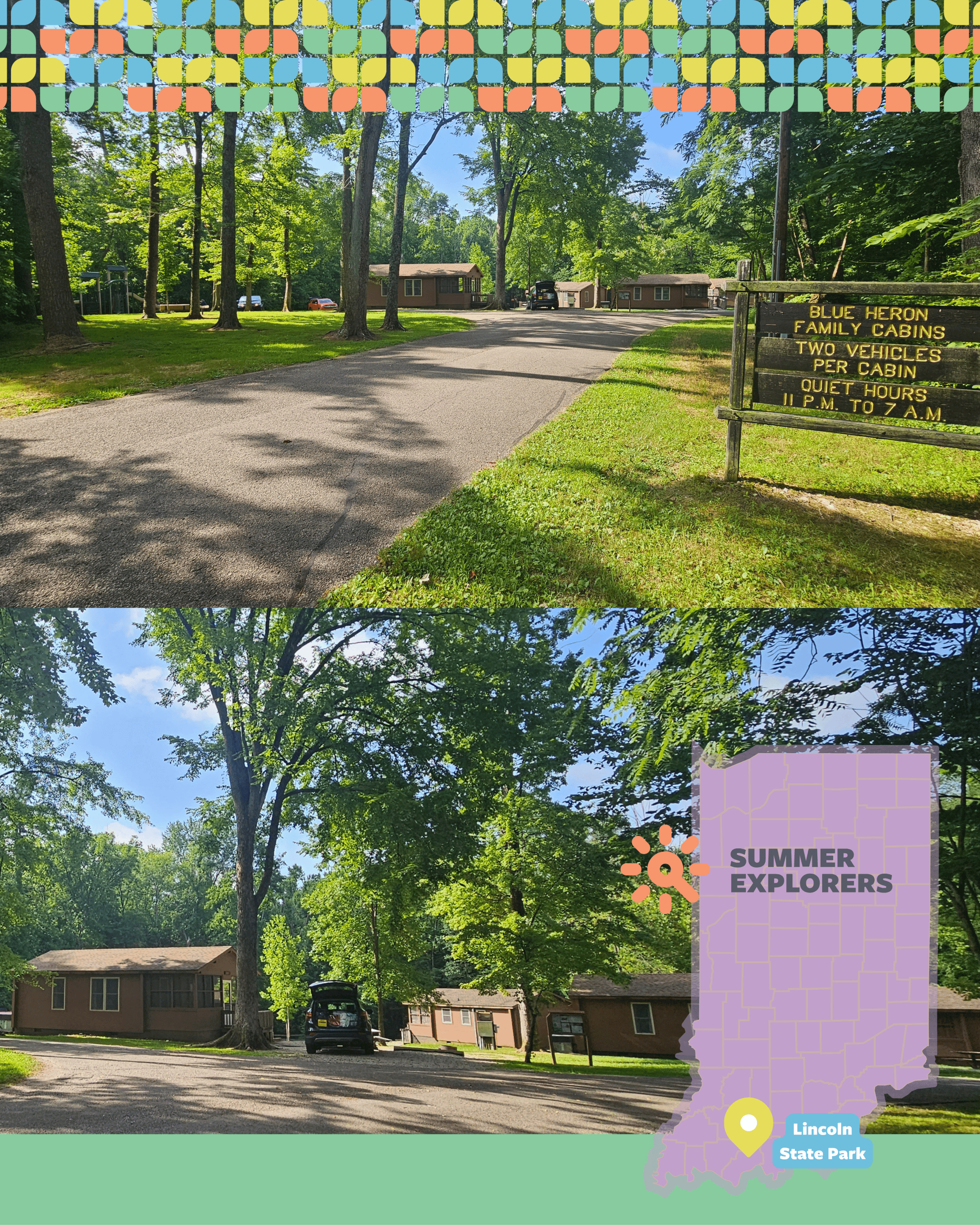 The Blue Heron Family Cabins at Lincoln State Park, with a quiet tree-lined road, a wooden sign marking the cabins, and a view of the rustic cabins surrounded by greenery. The Blue Heron Family Cabins at Lincoln State Park, with a quiet tree-lined road, a wooden sign marking the cabins, and a view of the rustic cabins surrounded by greenery.