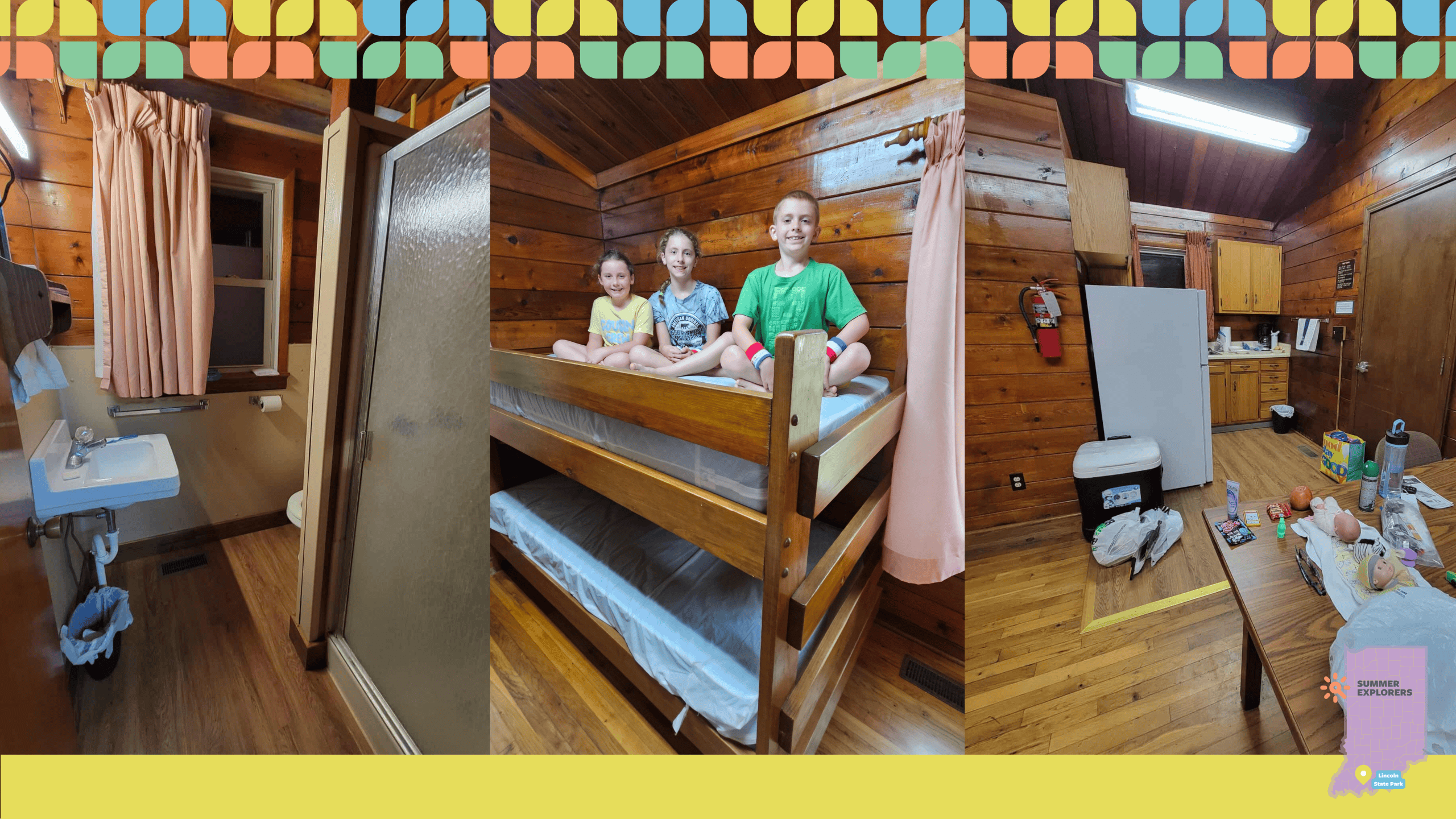 The cabin bathroom with a small sink and shower, my kids sitting on the top bunk of a wooden bunk bed, and a view of the rustic kitchen area with our stuff spread out on the table. The cabin bathroom with a small sink and shower, my kids sitting on the top bunk of a wooden bunk bed, and a view of the rustic kitchen area with our stuff spread out on the table.