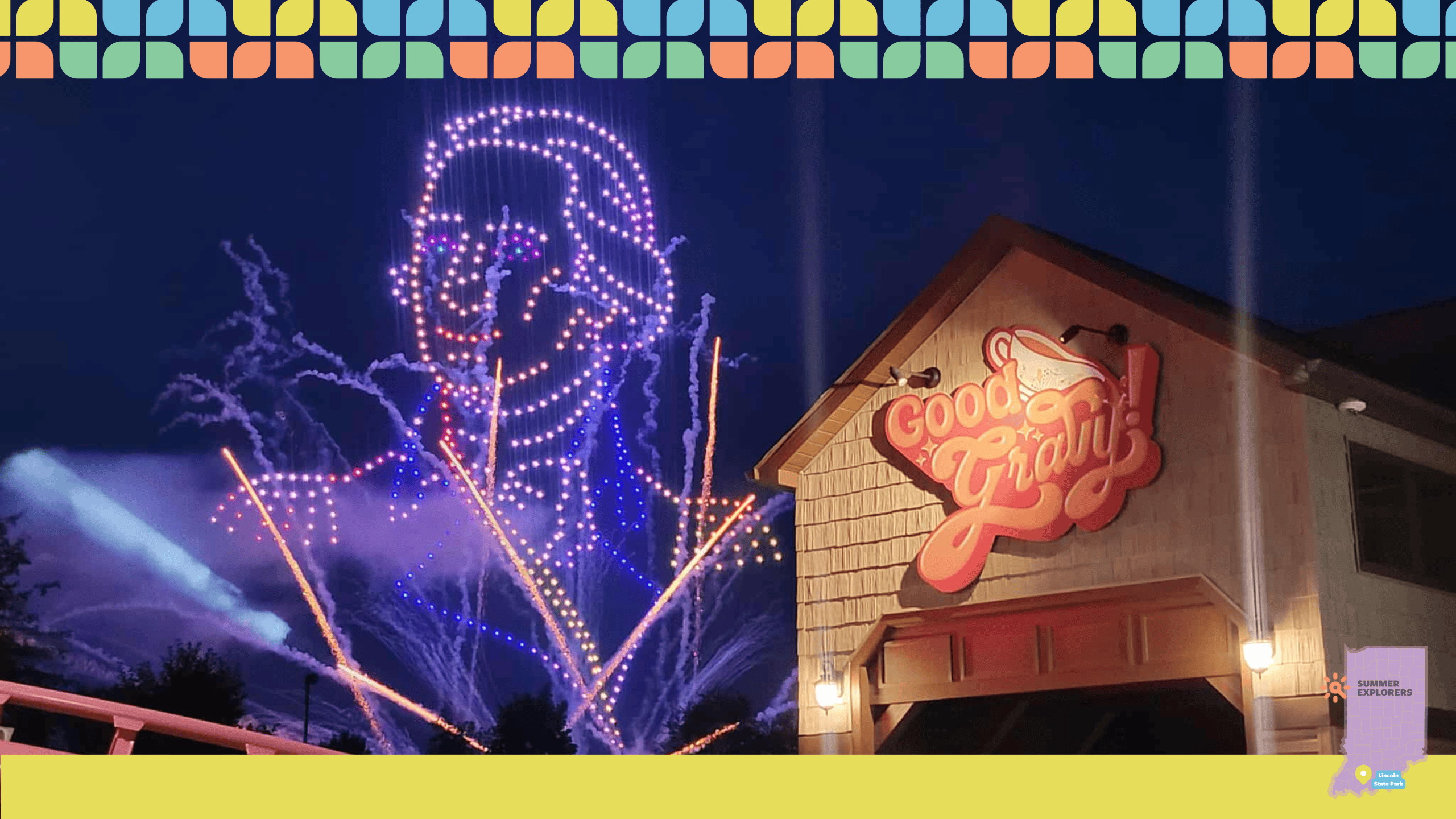 The evening drone and firework show at Holiday World, with glowing lights forming a patriotic outline in the sky above the park entrance. The evening drone and firework show at Holiday World, with glowing lights forming a patriotic outline in the sky above the park entrance.