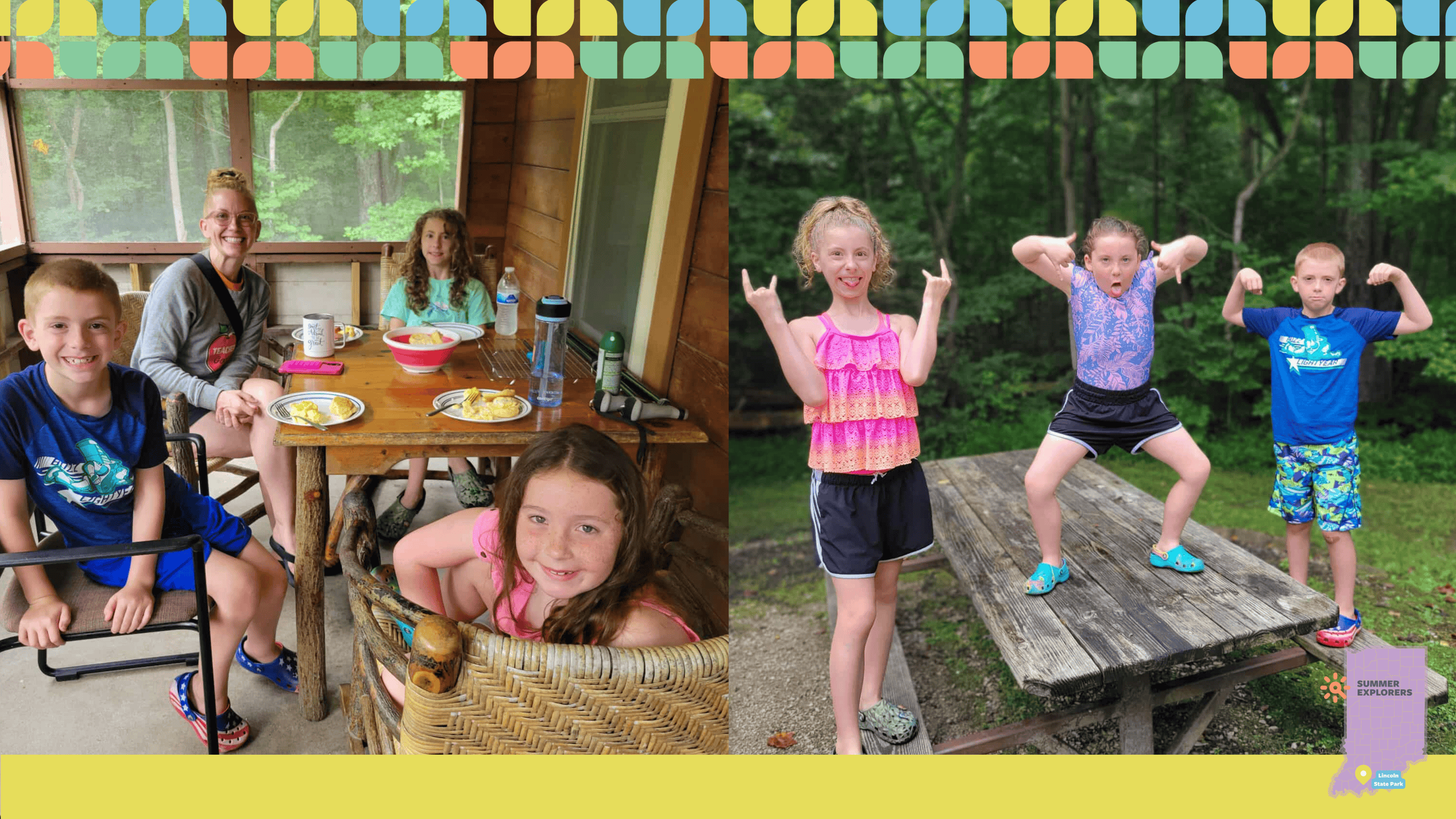 The kids sitting at the table on the cabin porch eating breakfast, and a group of kids striking fun, silly poses on a picnic table in the woods.