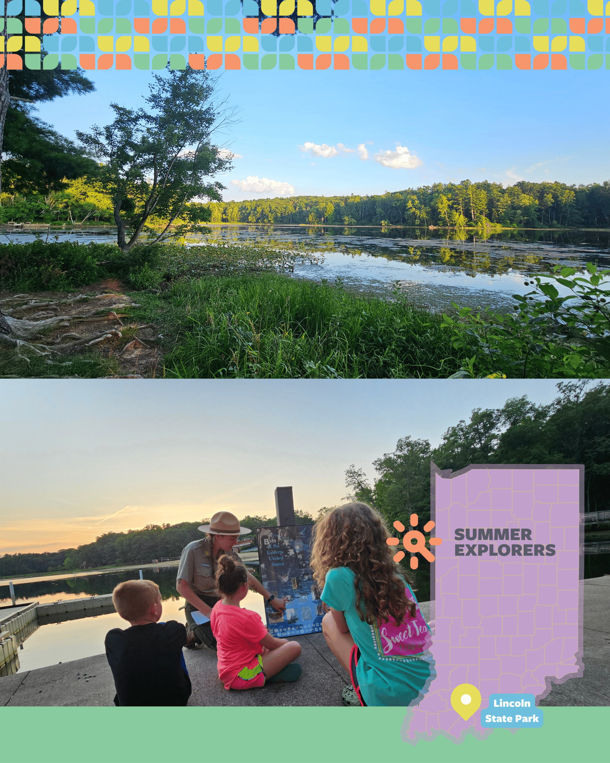 The lake beach area at Lincoln State Park with calm water and a beautiful tree-lined view, and the kids sitting by the lake listening to a park ranger talk about bats. The lake beach area at Lincoln State Park with calm water and a beautiful tree-lined view, and the kids sitting by the lake listening to a park ranger talk about bats.