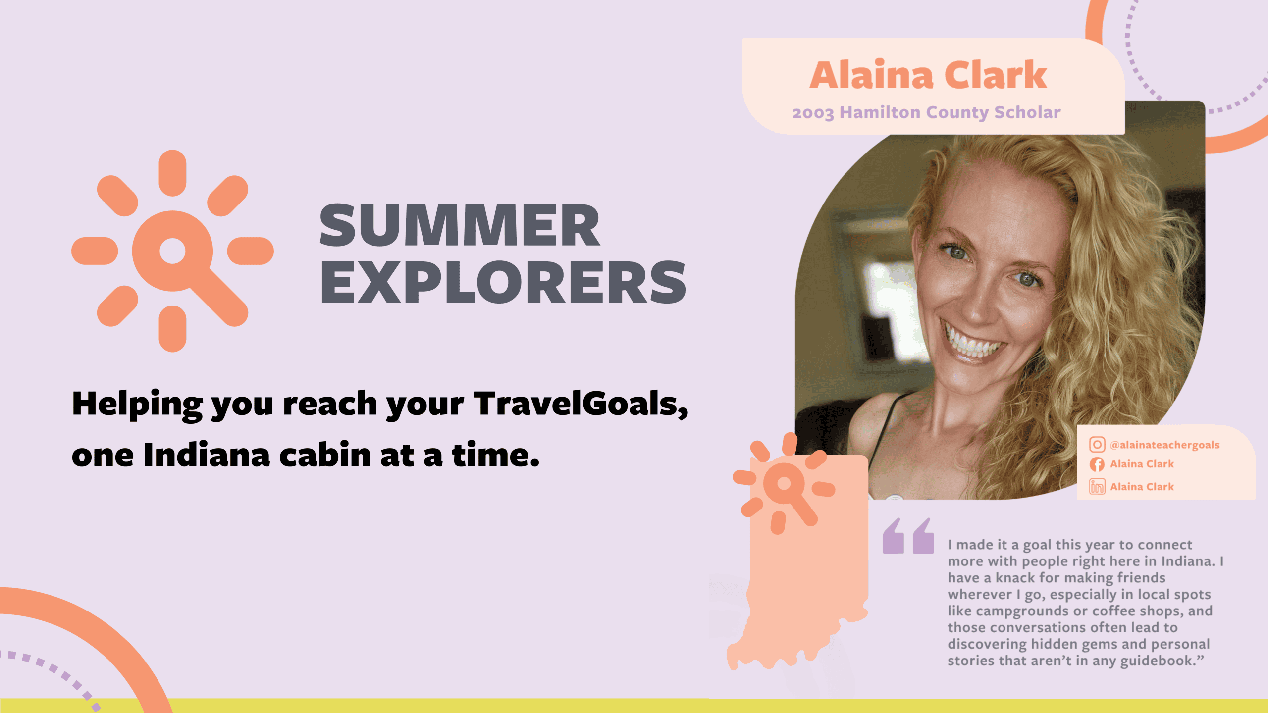 TravelGoals blog graphic featuring Alaina Clark, 2003 Hamilton County Scholar and writer for the Summer Explorers program. The design includes the Summer Explorers logo, a smiling photo of Alaina TravelGoals blog graphic featuring Alaina Clark, 2003 Hamilton County Scholar and writer for the Summer Explorers program. The design includes the Summer Explorers logo, a smiling photo of Alaina