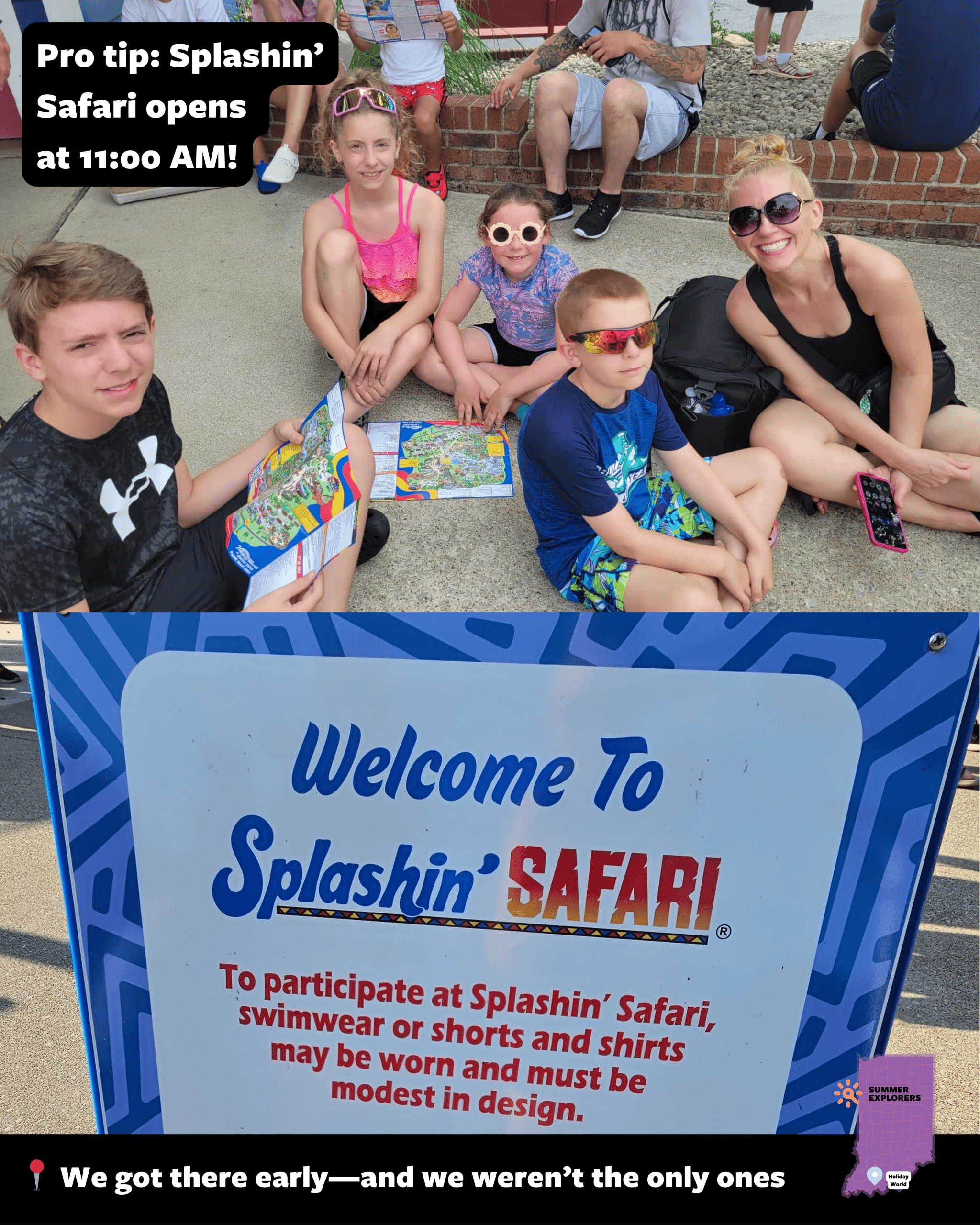 Splashin’ Safari doesn’t open until 1100 AM CST, so if your crew is hyped for water slides by 1001 (like ours), plan on a little wait time. We grabbed chairs, reapplied sunscreen, and let the kids