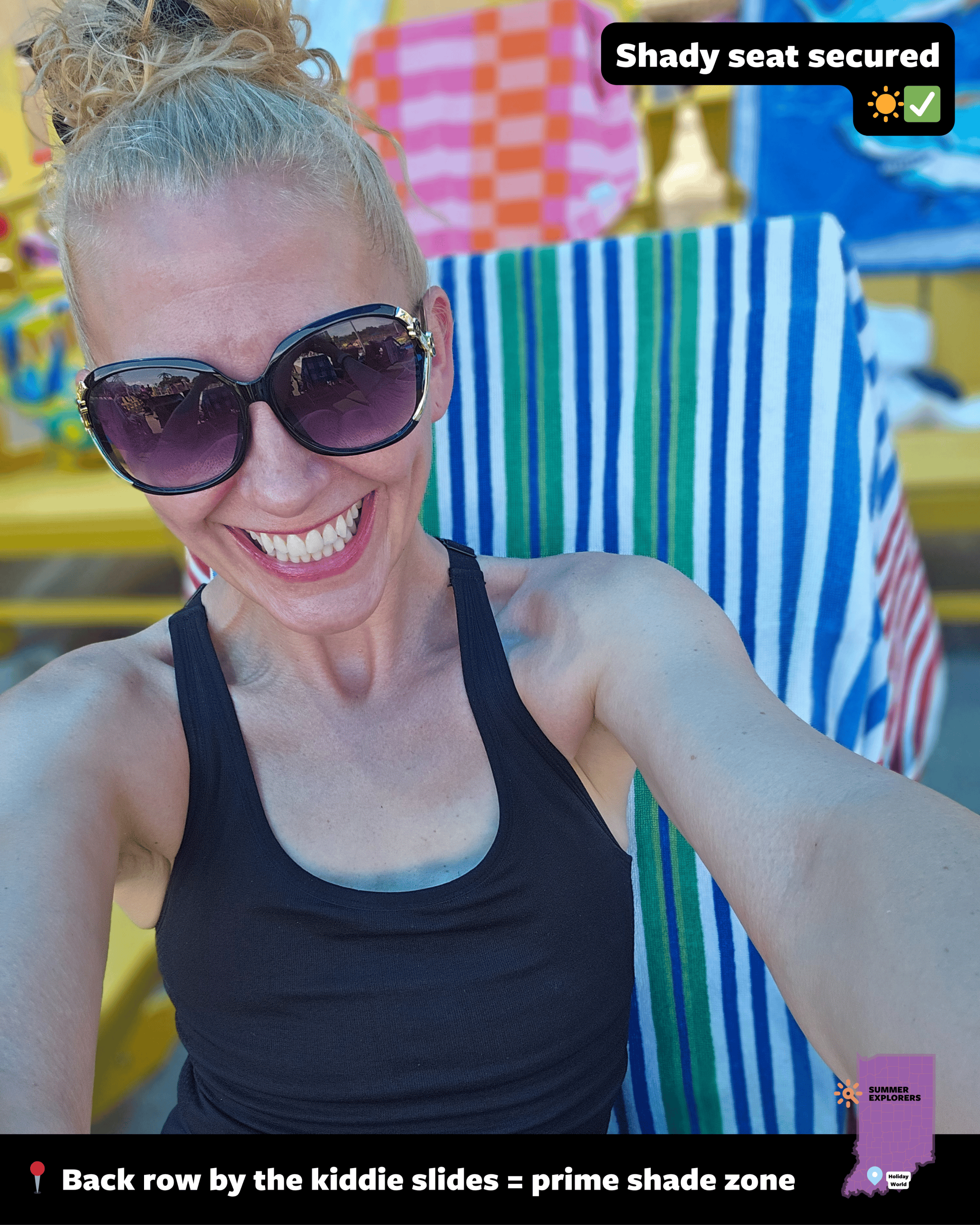The moment we found our spot—tucked in the back by the kiddie splash area with built-in shade, close to restrooms, and just far enough from the chaos to breathe. 1010 recommend staking out this zo